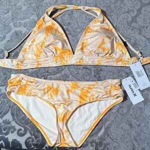 NWT Hurley Yellow and Tan Floral 2 pc Bikini set Sz Large